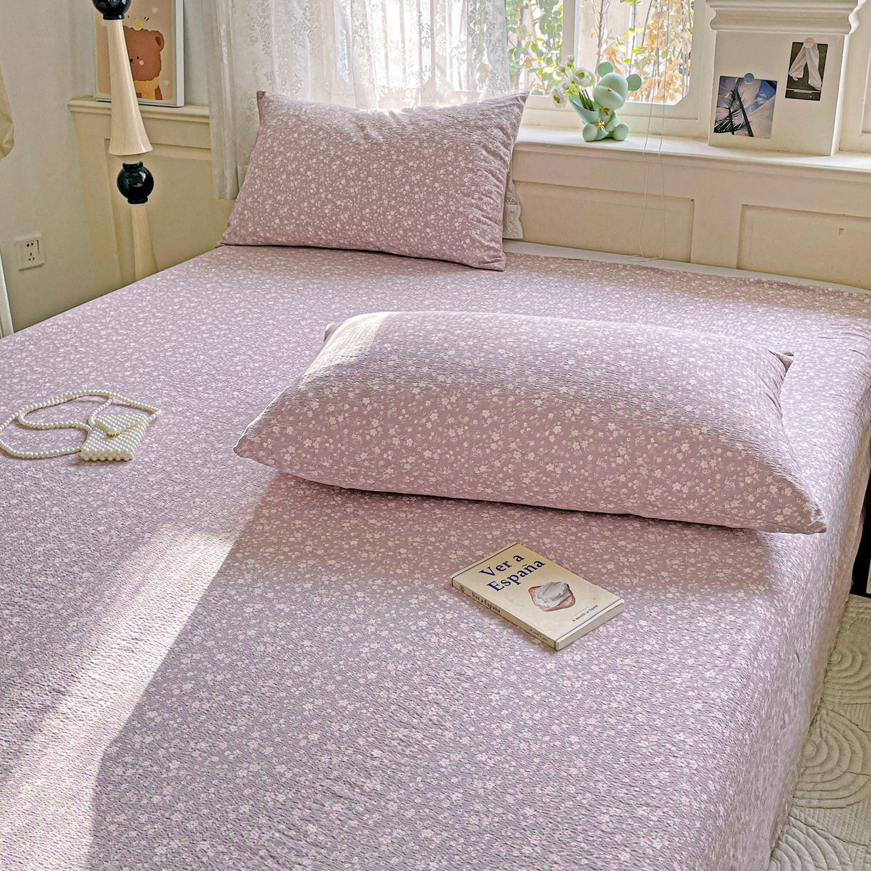 91家纺网 家纺一手货源 找家纺 优选 2025新款母婴级ins小清新双层纱印花床单枕套三件套 晨幕花间