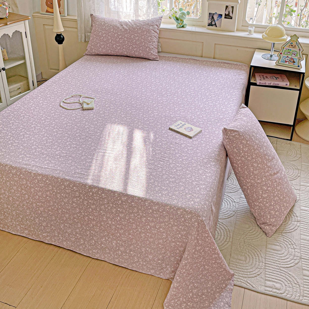 91家纺网 家纺一手货源 找家纺 优选 2025新款母婴级ins小清新双层纱印花床单枕套三件套 晨幕花间