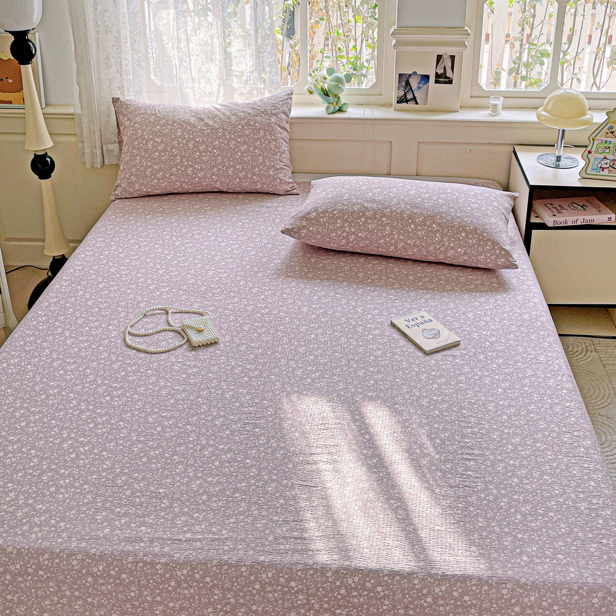 91家纺网 家纺一手货源 找家纺 优选 2025新款母婴级ins小清新双层纱印花床单枕套三件套 晨幕花间