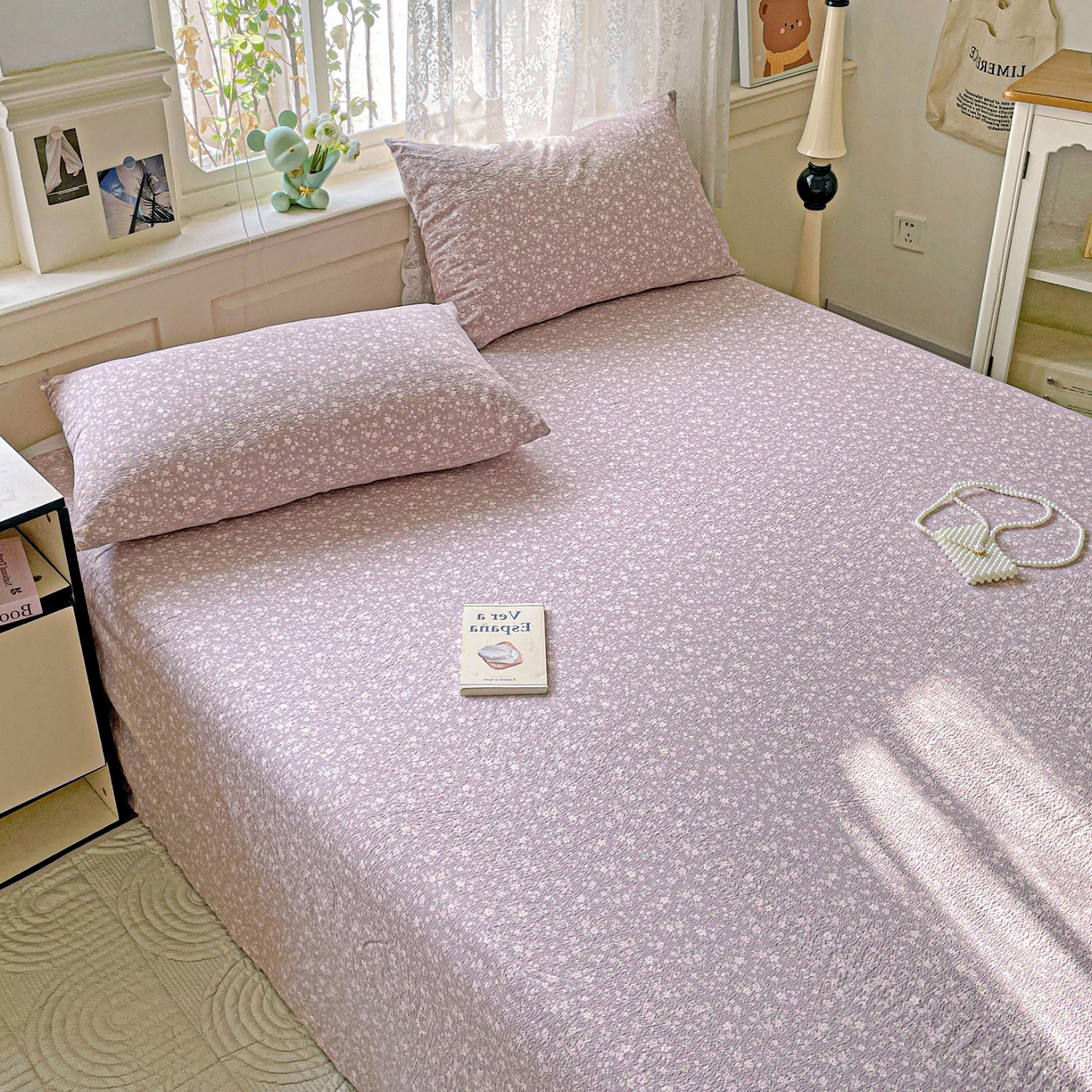 91家纺网 家纺一手货源 找家纺 优选 2025新款母婴级ins小清新双层纱印花床单枕套三件套 晨幕花间