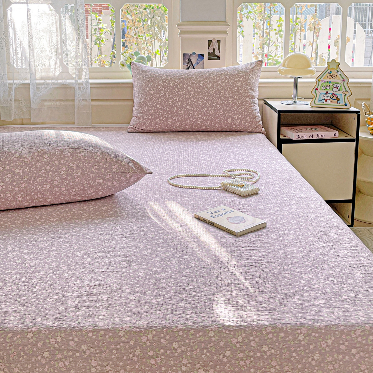 91家纺网 家纺一手货源 找家纺 优选 2025新款母婴级ins小清新双层纱印花床单枕套三件套 晨幕花间