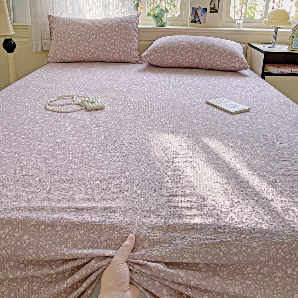 91家纺网 家纺一手货源 找家纺 优选 2025新款母婴级ins小清新双层纱印花床单枕套三件套 晨幕花间