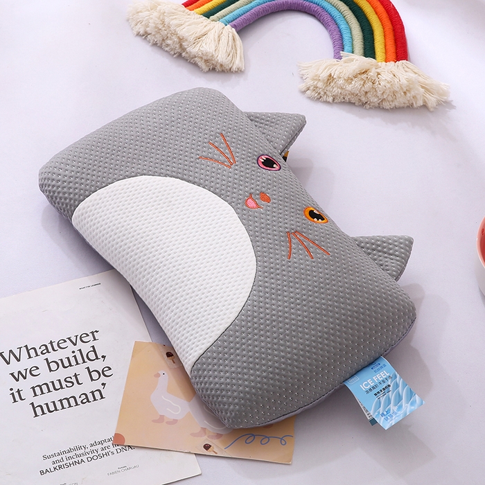 91家纺网 家纺一手货源 找家纺 蔻眠 小猫咪-夏季凉感丝卡通荞麦枕头儿童学生防出汗枕芯 小猫咪-灰色 24x45cm