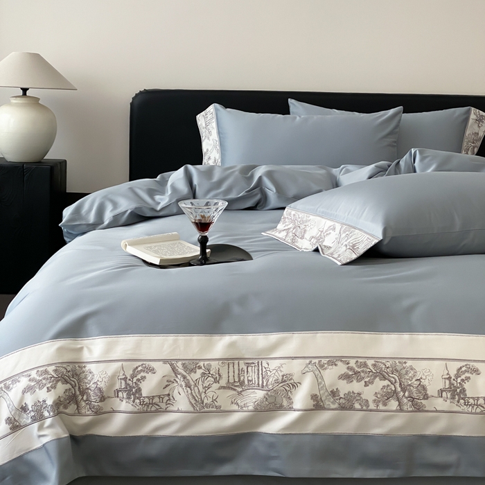 91家纺网 家纺一手货源 找家纺 云栖2025全棉纯棉长绒棉绣花四件套-浮生若梦 浮生若梦-蓝