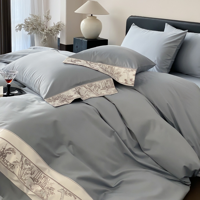 91家纺网 家纺一手货源 找家纺 云栖2025全棉纯棉长绒棉绣花四件套-浮生若梦 浮生若梦-蓝