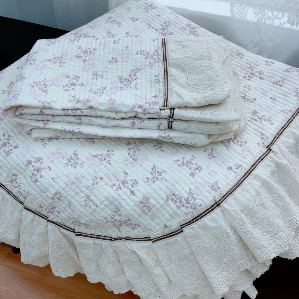 91家纺网 家纺一手货源 找家纺 暖居 2025新款法式13370高密小碎花40支全棉纯棉床盖四件套 枝子紫