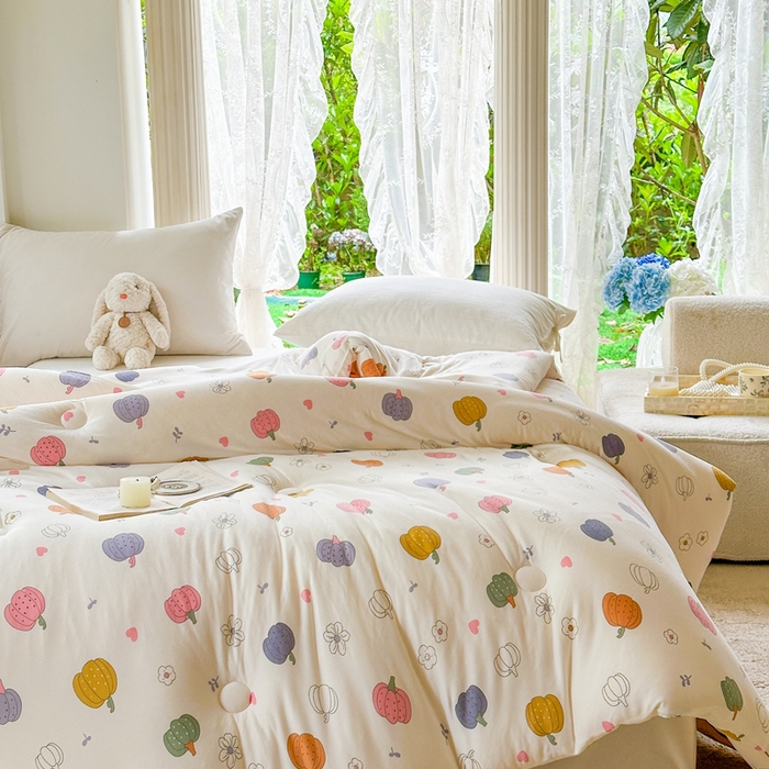 91家纺网 家纺一手货源 找家纺  提供买家秀爆款花型不断货A类母婴级宝宝被针织棉夏被空调被春秋被冬被大豆被被子被芯 七彩南瓜【A类针织棉面料母婴可用】