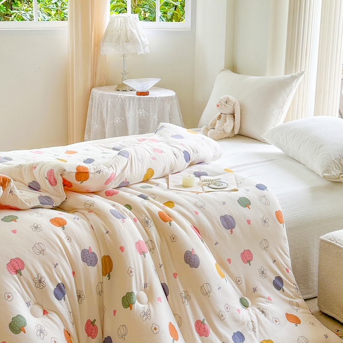 91家纺网 家纺一手货源 找家纺  提供买家秀爆款花型不断货A类母婴级宝宝被针织棉夏被空调被春秋被冬被大豆被被子被芯 七彩南瓜【A类针织棉面料母婴可用】