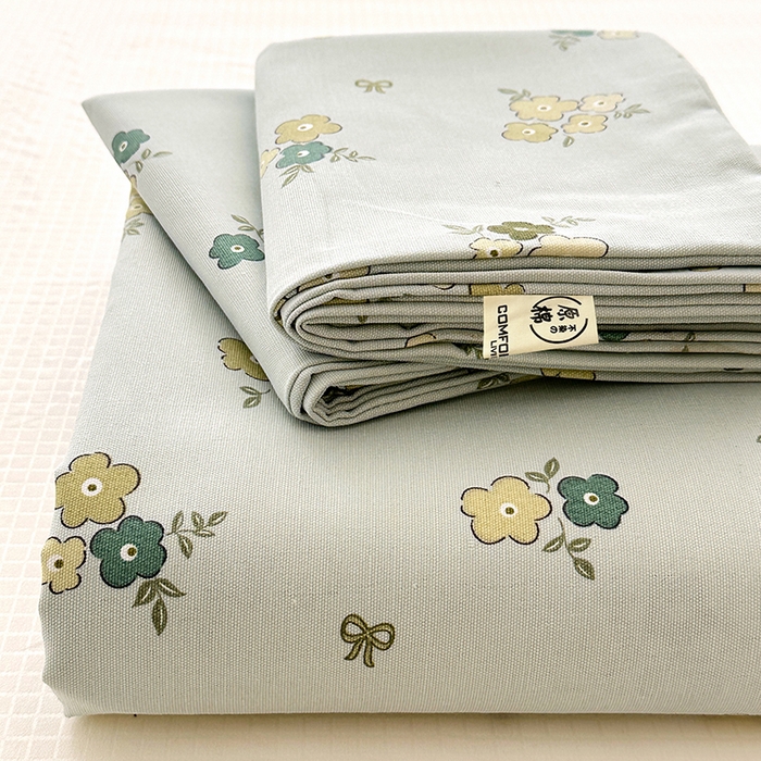 91家纺网 家纺一手货源 找家纺 家贝爱2025原棉印花老粗布床单凉席三件套 繁花静雅