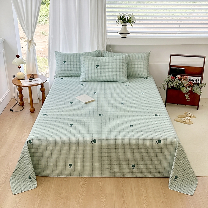 91家纺网 家纺一手货源 找家纺 家贝爱2025原棉印花老粗布床单凉席三件套 简格小花