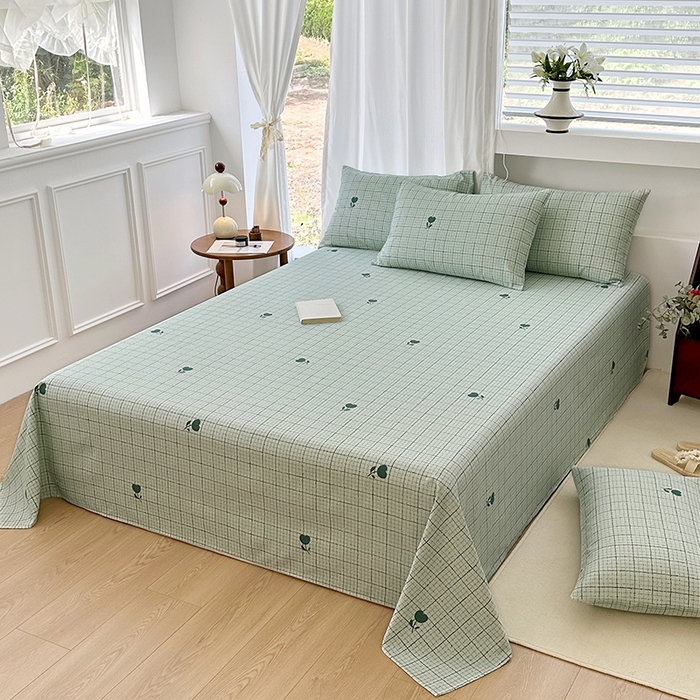 91家纺网 家纺一手货源 找家纺 家贝爱2025原棉印花老粗布床单凉席三件套 简格小花