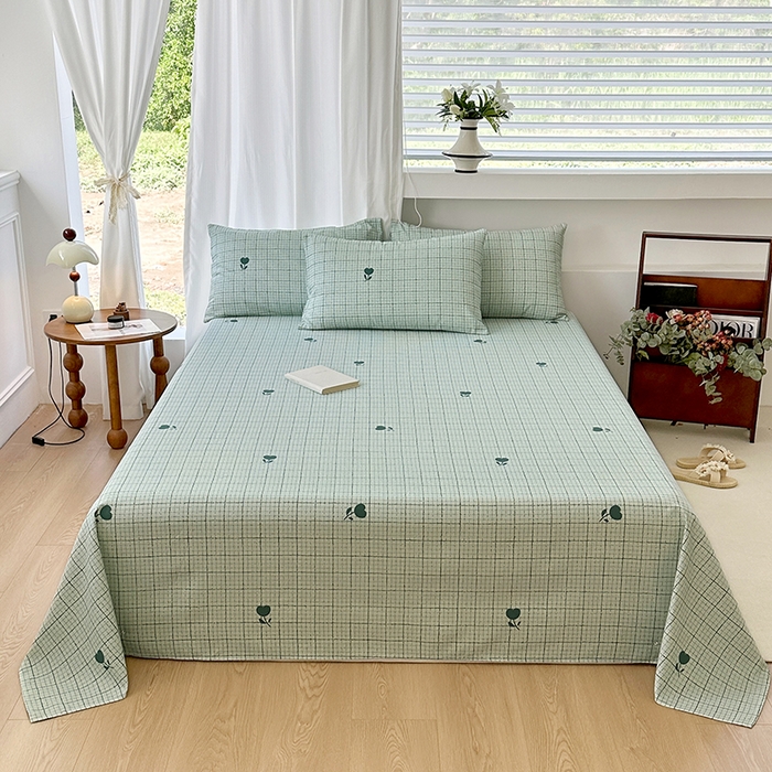 91家纺网 家纺一手货源 找家纺 家贝爱2025原棉印花老粗布床单凉席三件套 简格小花