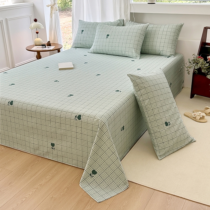 91家纺网 家纺一手货源 找家纺 家贝爱2025原棉印花老粗布床单凉席三件套 简格小花