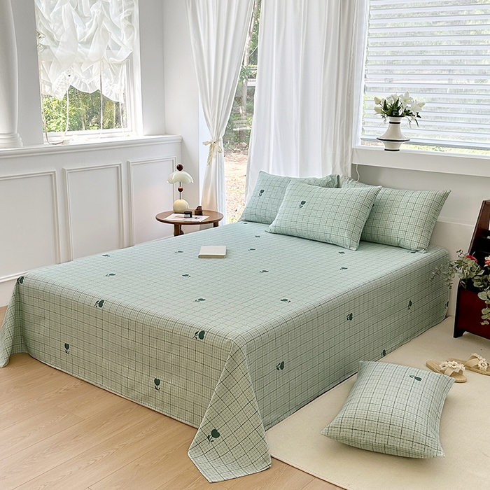 91家纺网 家纺一手货源 找家纺 家贝爱2025原棉印花老粗布床单凉席三件套 简格小花