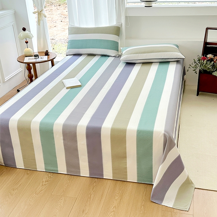 91家纺网 家纺一手货源 找家纺 家贝爱2025原棉印花老粗布床单凉席三件套 纳吉竖条