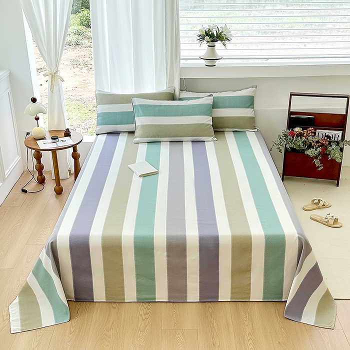 91家纺网 家纺一手货源 找家纺 家贝爱2025原棉印花老粗布床单凉席三件套 纳吉竖条