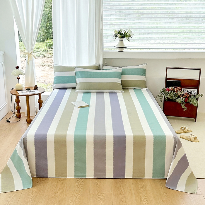 91家纺网 家纺一手货源 找家纺 家贝爱2025原棉印花老粗布床单凉席三件套 纳吉竖条