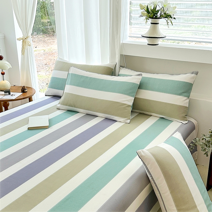 91家纺网 家纺一手货源 找家纺 家贝爱2025原棉印花老粗布床单凉席三件套 纳吉竖条