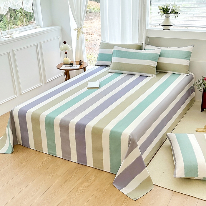 91家纺网 家纺一手货源 找家纺 家贝爱2025原棉印花老粗布床单凉席三件套 纳吉竖条