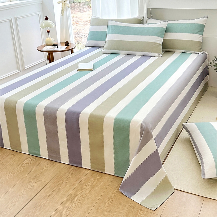 91家纺网 家纺一手货源 找家纺 家贝爱2025原棉印花老粗布床单凉席三件套 纳吉竖条