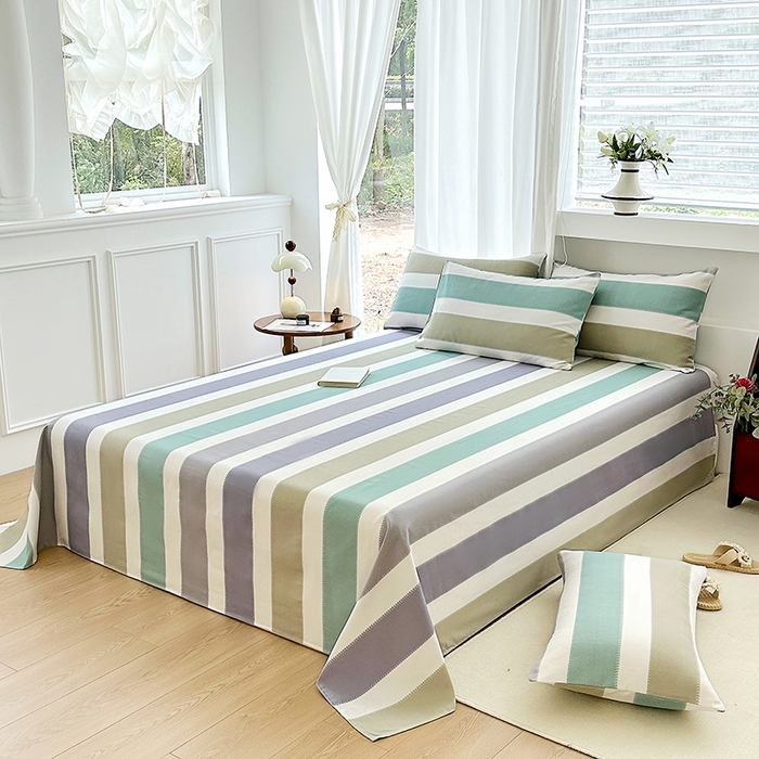 91家纺网 家纺一手货源 找家纺 家贝爱2025原棉印花老粗布床单凉席三件套 纳吉竖条