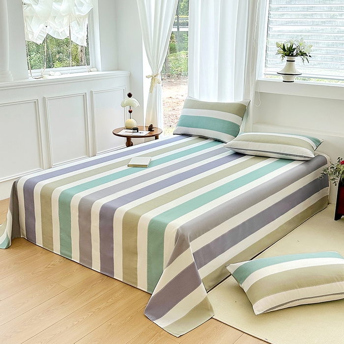 91家纺网 家纺一手货源 找家纺 家贝爱2025原棉印花老粗布床单凉席三件套 纳吉竖条