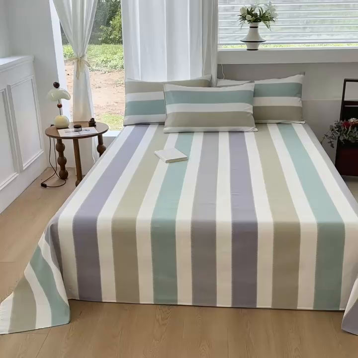 91家纺网 家纺一手货源 找家纺 家贝爱2025原棉印花老粗布床单凉席三件套 纳吉竖条