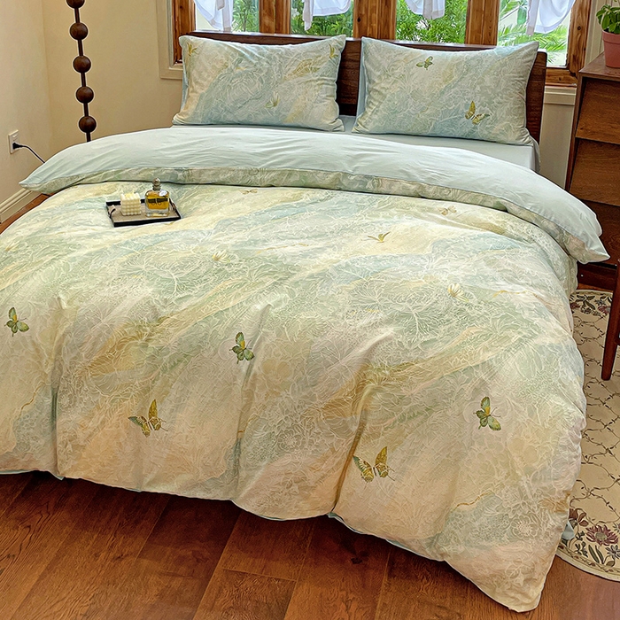 91家纺网 家纺一手货源 找家纺 耀悦家纺 2025年60支纯棉印花四件套长绒棉被套床单 蝶恋