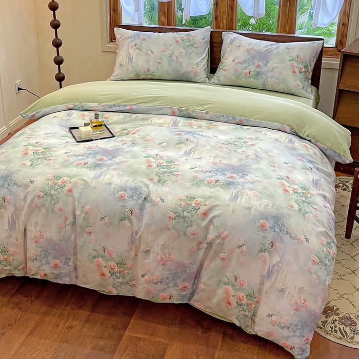 91家纺网 家纺一手货源 找家纺 耀悦家纺 2025年60支纯棉印花四件套长绒棉被套床单 玫瑰庄园