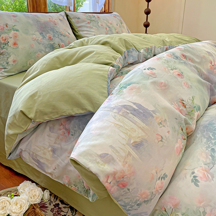 91家纺网 家纺一手货源 找家纺 耀悦家纺 2025年60支纯棉印花四件套长绒棉被套床单 玫瑰庄园