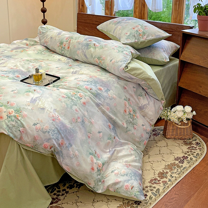 91家纺网 家纺一手货源 找家纺 耀悦家纺 2025年60支纯棉印花四件套长绒棉被套床单 玫瑰庄园