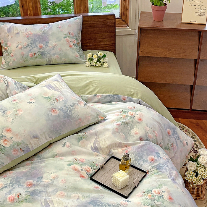 91家纺网 家纺一手货源 找家纺 耀悦家纺 2025年60支纯棉印花四件套长绒棉被套床单 玫瑰庄园