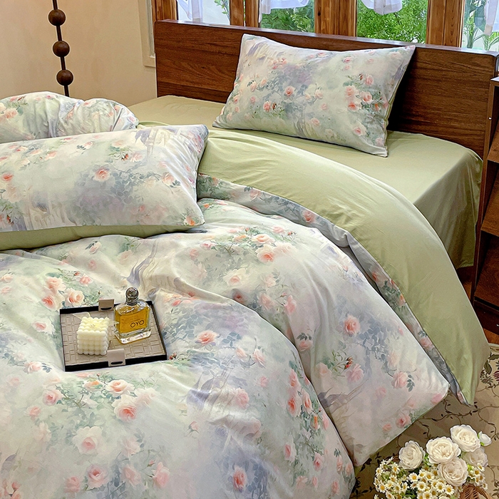 91家纺网 家纺一手货源 找家纺 耀悦家纺 2025年60支纯棉印花四件套长绒棉被套床单 玫瑰庄园