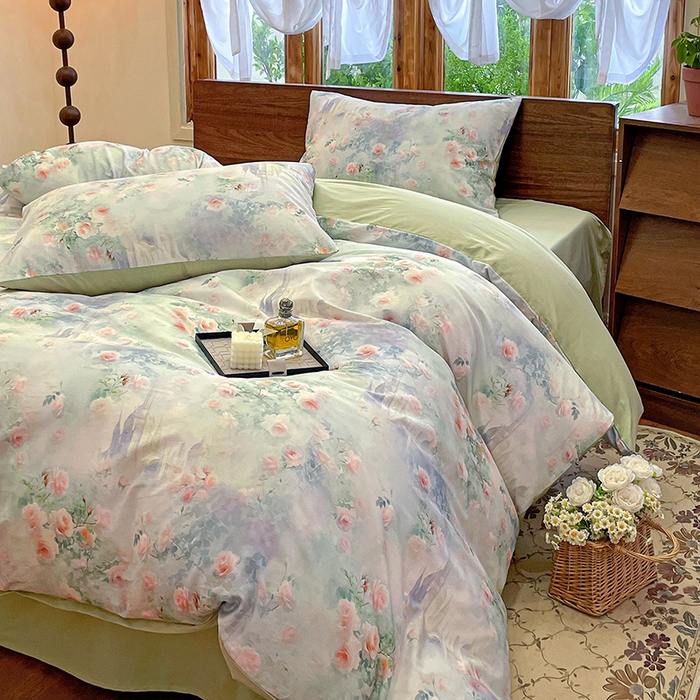 91家纺网 家纺一手货源 找家纺 耀悦家纺 2025年60支纯棉印花四件套长绒棉被套床单 玫瑰庄园