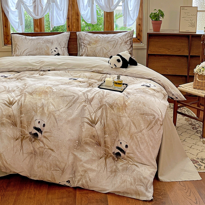 91家纺网 家纺一手货源 找家纺 耀悦家纺 2025年60支纯棉印花四件套长绒棉被套床单 熊猫竹景