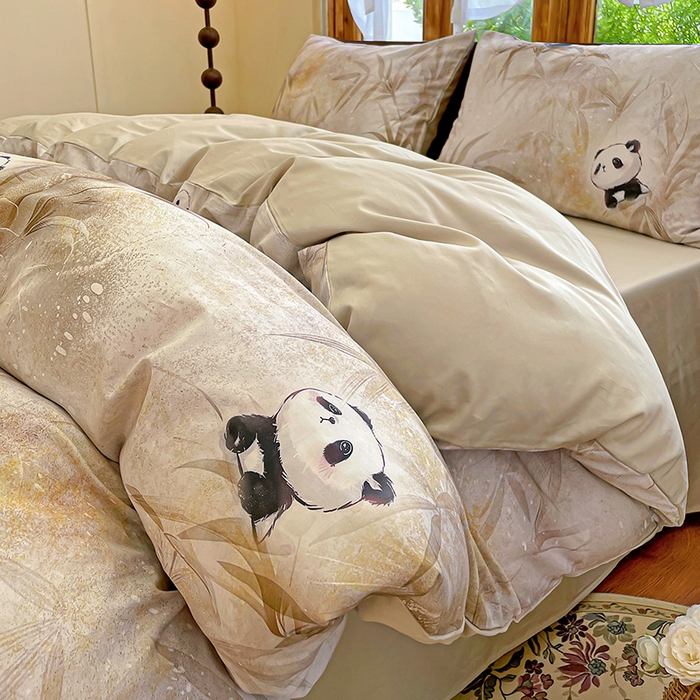 91家纺网 家纺一手货源 找家纺 耀悦家纺 2025年60支纯棉印花四件套长绒棉被套床单 熊猫竹景