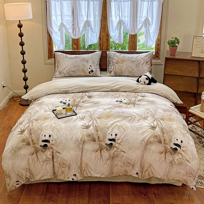 耀悦家纺 2025年60支纯棉印花四件套长绒棉被套床单 熊猫竹景