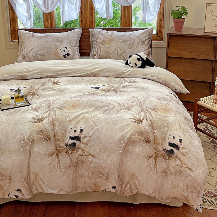 91家纺网 家纺一手货源 找家纺 耀悦家纺 2025年60支纯棉印花四件套长绒棉被套床单 熊猫竹景