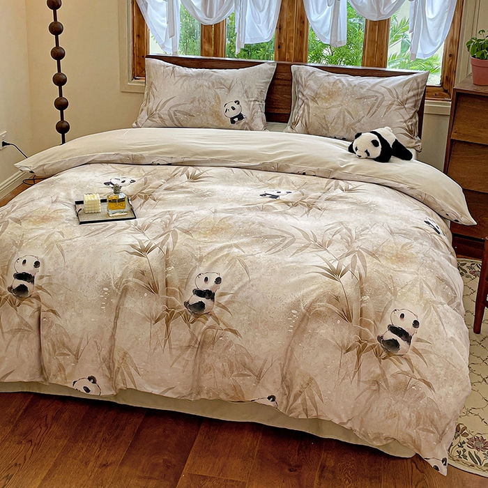 91家纺网 家纺一手货源 找家纺 耀悦家纺 2025年60支纯棉印花四件套长绒棉被套床单 熊猫竹景