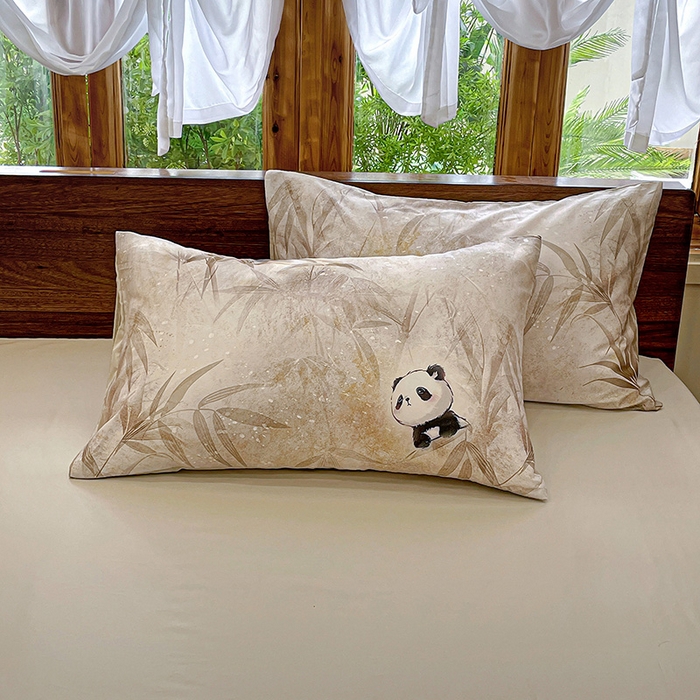 91家纺网 家纺一手货源 找家纺 耀悦家纺 2025年60支纯棉印花四件套长绒棉被套床单 熊猫竹景