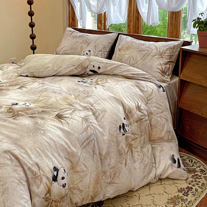 91家纺网 家纺一手货源 找家纺 耀悦家纺 2025年60支纯棉印花四件套长绒棉被套床单 熊猫竹景