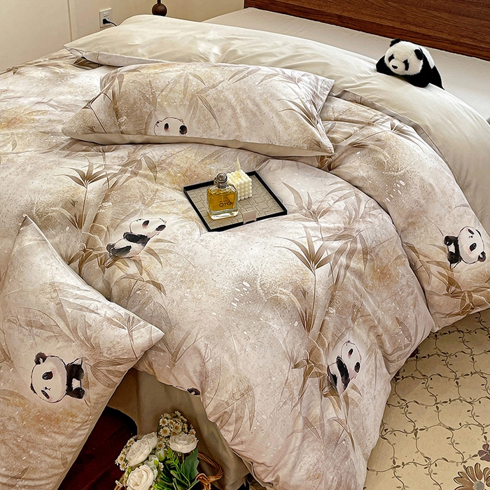 91家纺网 家纺一手货源 找家纺 耀悦家纺 2025年60支纯棉印花四件套长绒棉被套床单 熊猫竹景