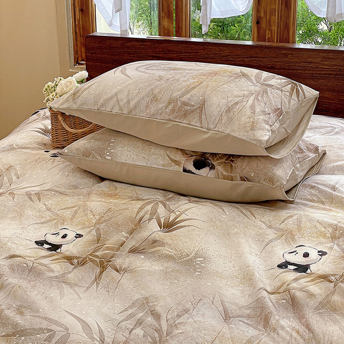 91家纺网 家纺一手货源 找家纺 耀悦家纺 2025年60支纯棉印花四件套长绒棉被套床单 熊猫竹景