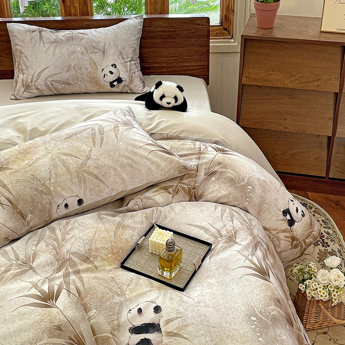91家纺网 家纺一手货源 找家纺 耀悦家纺 2025年60支纯棉印花四件套长绒棉被套床单 熊猫竹景