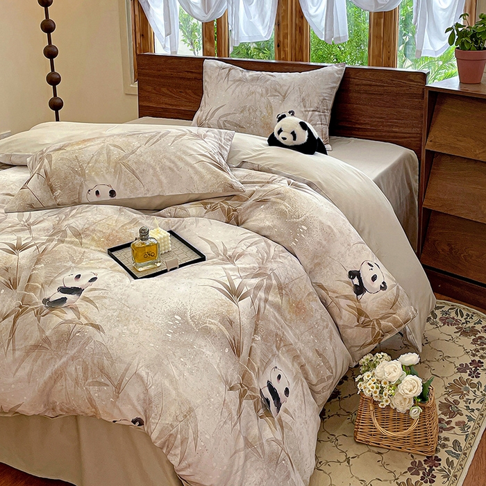 91家纺网 家纺一手货源 找家纺 耀悦家纺 2025年60支纯棉印花四件套长绒棉被套床单 熊猫竹景