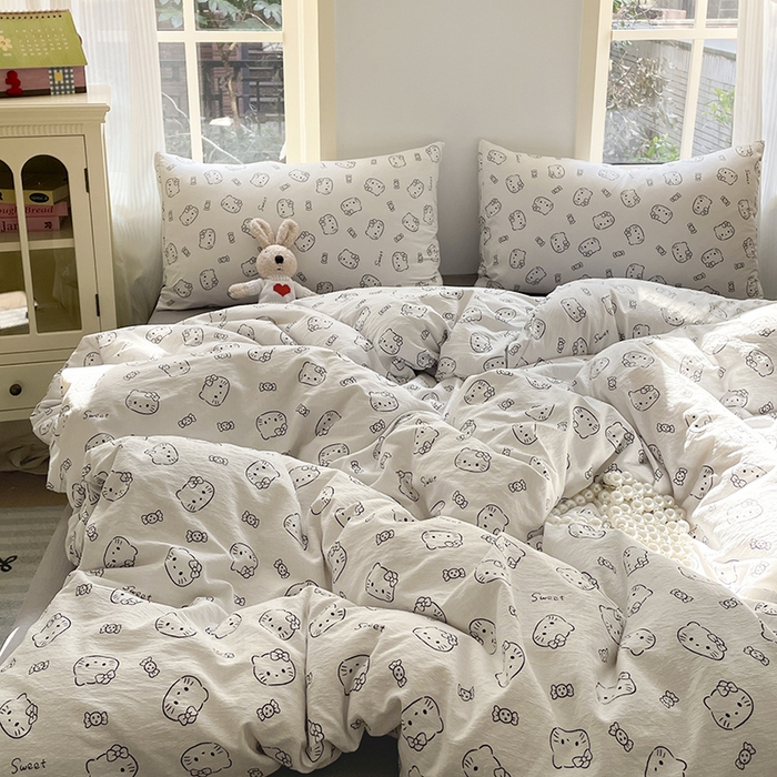 91家纺网 家纺一手货源 找家纺 水木坊 2025新款云感针织双层纱三件套四件套 猫咪恋人