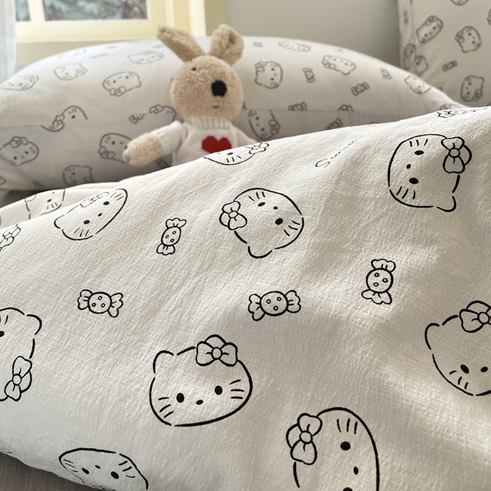 91家纺网 家纺一手货源 找家纺 水木坊 2025新款云感针织双层纱三件套四件套 猫咪恋人