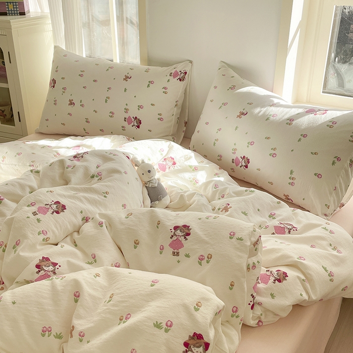 91家纺网 家纺一手货源 找家纺 水木坊 2025新款云感针织双层纱三件套四件套 蜜糖之恋