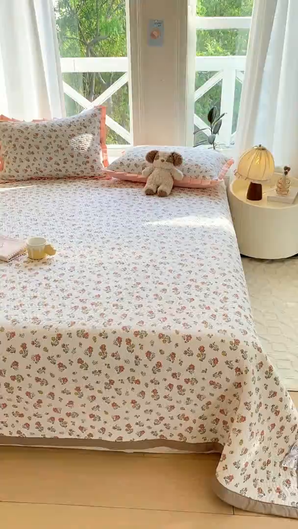 91家纺网 家纺一手货源 找家纺 芷凡家纺 2025新款水洗棉双层纱床盖三件套 花曼晨