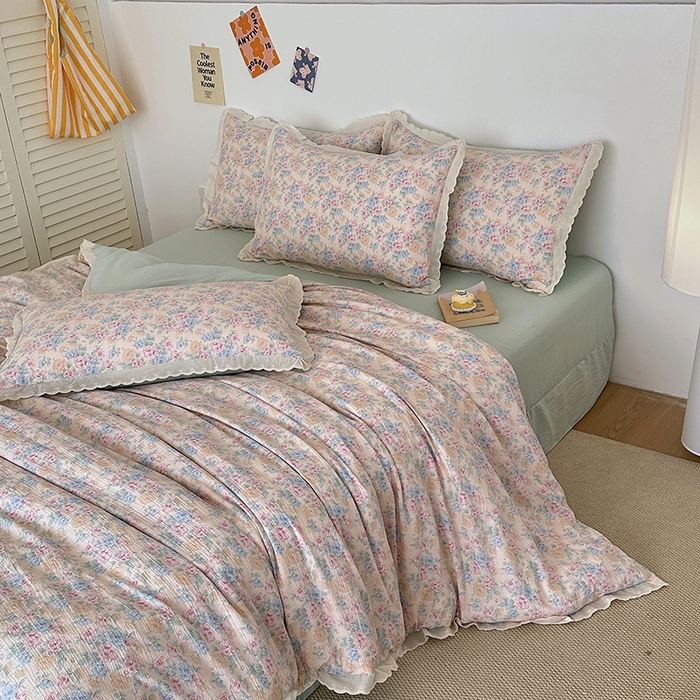 91家纺网 家纺一手货源 找家纺 （总）斯卡诺家纺 2025新款纯棉花边双层纱夏被四件套水洗棉夏被四件套